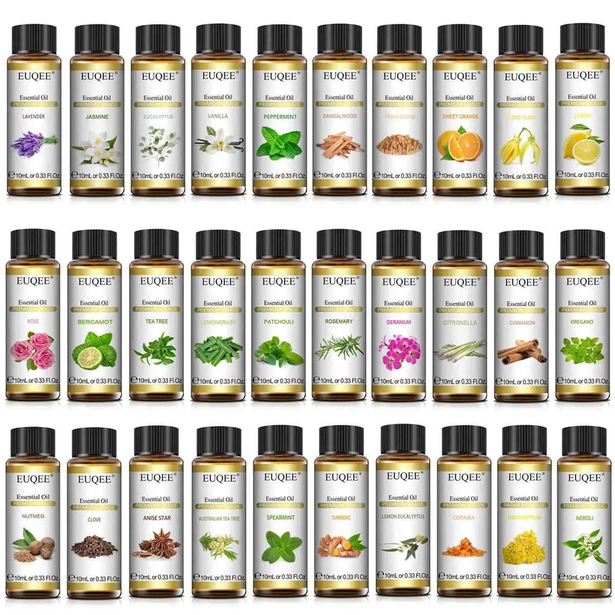 EUQEE 10ml Pure Natural Essential Oil Lavender Jasmine Eucalyptus Vanilla Sandalwood Sweet Orange Lemon Oregano Neroli Fragrance Best Style